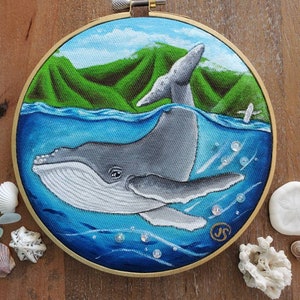 ORIGINAL Humpback whale baby hand-painted. Embroidery hoop art Ocean. Hawaii Sea Beach Wall art needlework painting. GREAT GIFT image 2