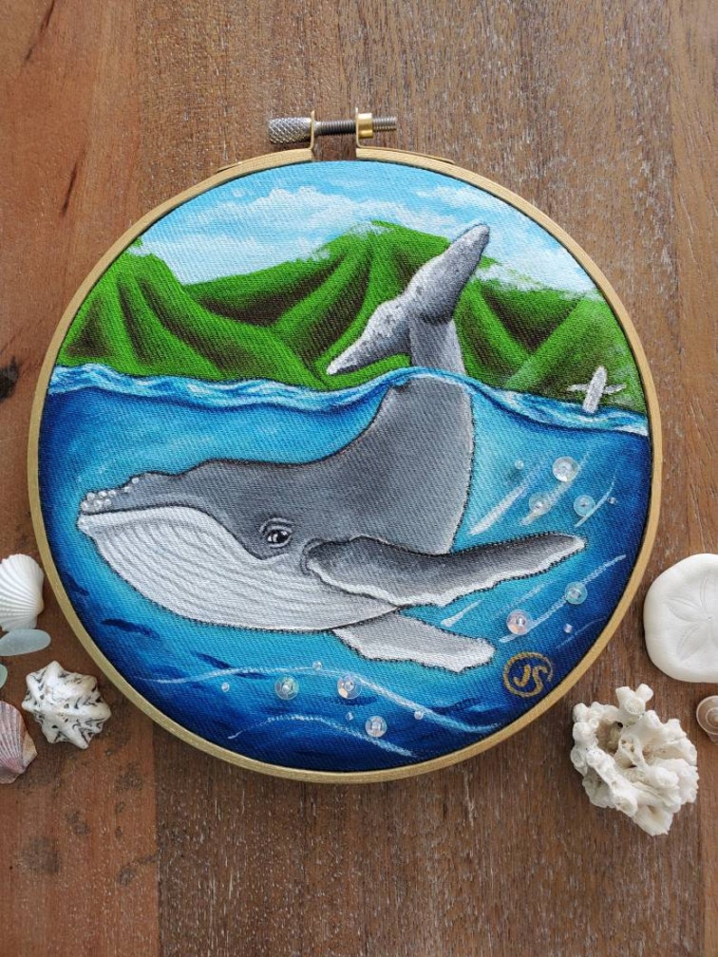 ORIGINAL Humpback whale baby hand-painted. Embroidery hoop art Ocean. Hawaii Sea Beach Wall art needlework painting. GREAT GIFT image 2