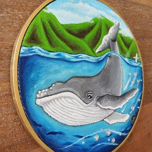 ORIGINAL Humpback whale baby hand-painted. Embroidery hoop art Ocean. Hawaii Sea Beach Wall art needlework painting. GREAT GIFT image 7