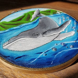 ORIGINAL Humpback whale baby hand-painted. Embroidery hoop art Ocean. Hawaii Sea Beach Wall art needlework painting. GREAT GIFT image 5