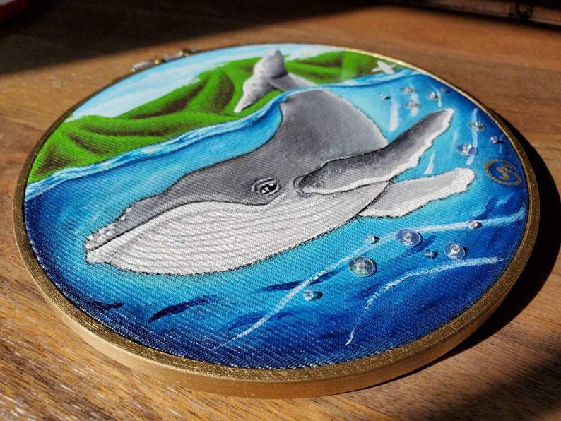 ORIGINAL Humpback whale baby hand-painted. Embroidery hoop art Ocean. Hawaii Sea Beach Wall art needlework painting. GREAT GIFT image 5