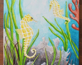 ORIGINAL painting on canvas. Seahorses Seaglass Sea whip shells Sea horse Ocean painting.Beach Seahorse painting Sea glass Coral seascape