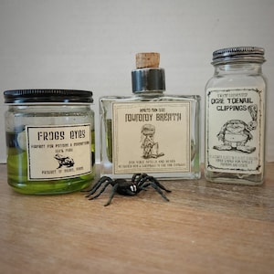 Glass Jars of Frogs Eyes, Mummy's Breath, and Ogres Toenails. 3set. Halloween Decoration/Fake apothecary spells, potions, witchcraft image 1