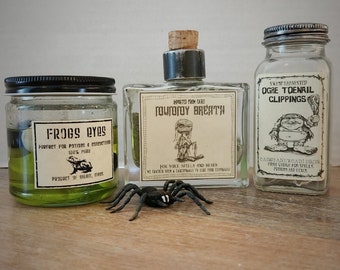 Glass Jars of "Frogs Eyes", "Mummy's Breath", and "Ogres Toenails". 3set. Halloween Decoration/Fake apothecary spells, potions, witchcraft