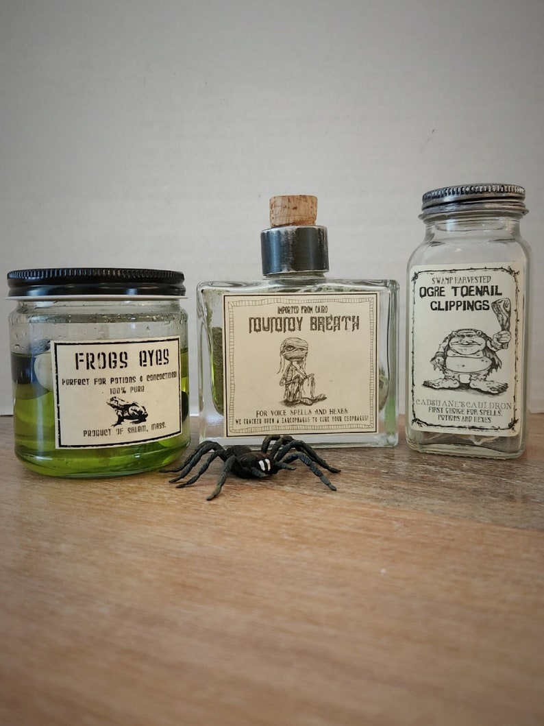 Glass Jars of Frogs Eyes, Mummy's Breath, and Ogres Toenails. 3set. Halloween Decoration/Fake apothecary spells, potions, witchcraft image 1