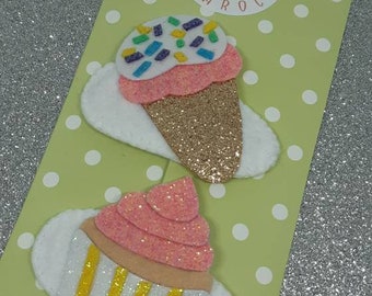 Glitter felt ice cream cone and cupcake hair clips