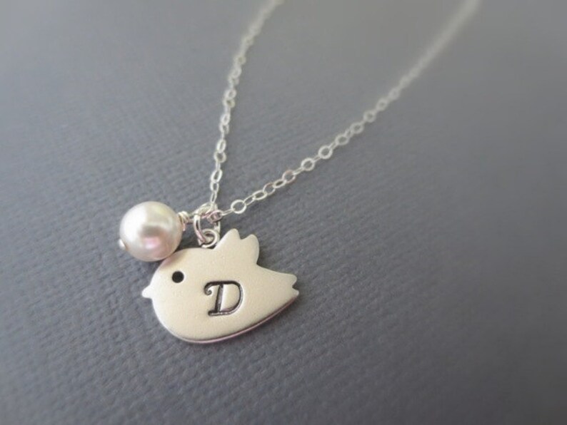 Personalized Necklace-Initial Cute Bird with Pearl Necklace-STERLING SILVER CHAIN--Monogram Necklace-Perfect Gift-Birthday Present-everyday