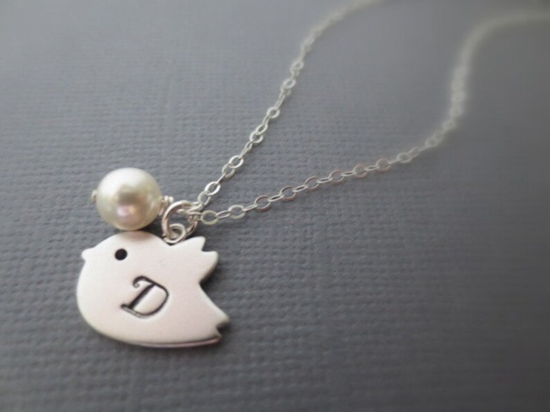 Personalized Necklace-Initial Cute Bird with Pearl Necklace-STERLING SILVER CHAIN--Monogram Necklace-Perfect Gift-Birthday Present-everyday