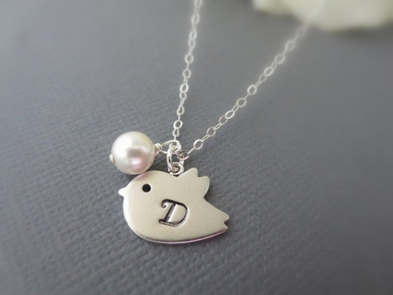 Personalized Necklace-Initial Cute Bird with Pearl Necklace-STERLING SILVER CHAIN--Monogram Necklace-Perfect Gift-Birthday Present-everyday
