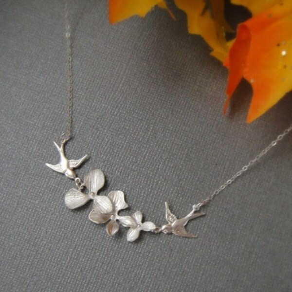 Orchid and Two Sparrow Birds lariat necklace in STERLING SILVER CHAIN-- Weddings Gift,Perfect Gift, Birthday Present for bestfriend.