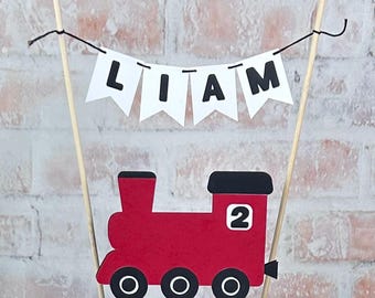 Adorno para tarta de cumpleaños con forma de tren: pancarta con nombre personalizado