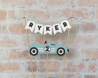 Retro Race Car Birthday Cake Topper: Personalized Name Banner