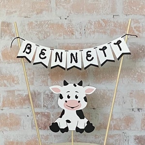 Cow Birthday Cake Topper Set: Farm Name Banner