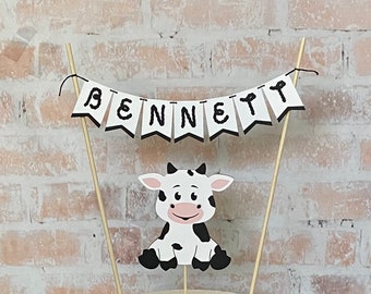 Cow Name Birthday Cake Banner. Farm Cake Banner and Topper Set. Cow Cake Topper.