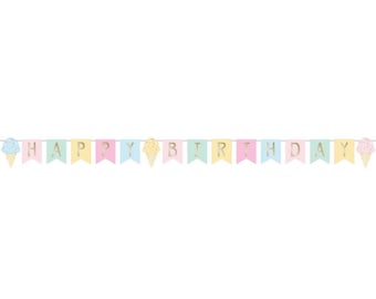 Könnte beinhalten: Eine pastellfarbene Girlande mit den goldenen Worten "HAPPY BIRTHDAY". Die Girlande zeigt abwechselnd pastellfarbene Flaggen in Rosa, Blau und Gelb, mit Eiswaffel-Illustrationen an jedem Ende. Ideal für eine Geburtstagsfeier.