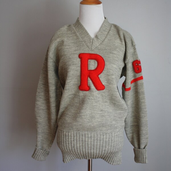 1950's Letterman Sweater // Gray and Red // Large