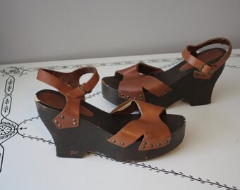 1970’s Platform Wedges // Wood and Leather // Size 8.5