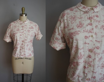1950s Blouse // Red Toile Print // Medium