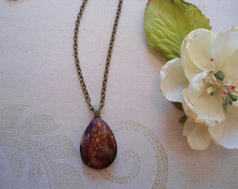 Fall colors sea sediment Jasper teardrop antique brass necklace nickel and lead free