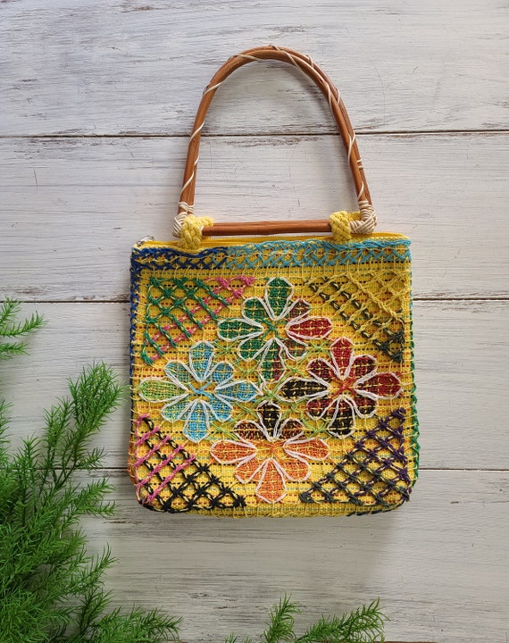 Vintage Embroidered Floral Tote Bag with Wooden Ha