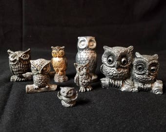 Set of 7 Owls Mostly Pewter