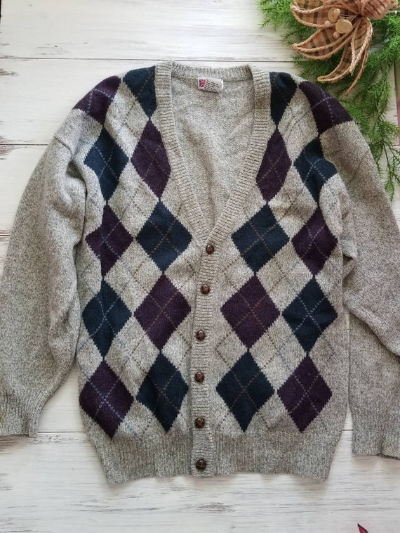 Royal Scott Pure Shetland Wool Argyle 1XLT Cardiga