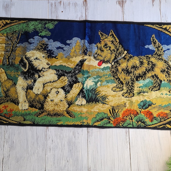 Vintage Puppies Playing Velvet Tapestry 39"x 20" Italy