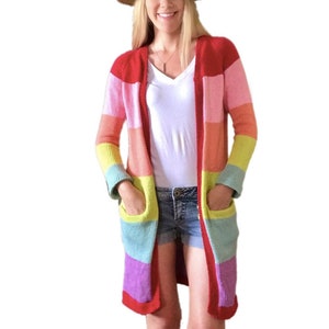 KNITTING PATTERN: In The Clouds Cotton Cardi, Cardigan Knit Pattern, Summer Sweater with Pockets Worsted Weight Knit, Rainbow Stripe image 4