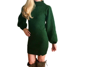 KNITTING PATTERN: Betty Babe Dress, Mini Skirt Sweater Dress Knit Pattern, Balloon Sleeve Sleeveless Boho Dress Sweater Turtle Neck