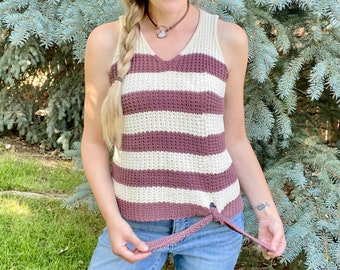 KNITTING PATTERN: Ronnie Tie Hem Tank Top, Cotton Summer Top with Tie Waist, Knit Pattern Warm Weather Tee, Thermal Bow Knit Design
