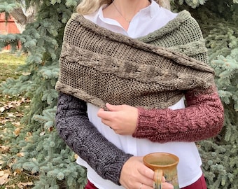 Wrapped In Cozy Knitting Pattern: Bulky Boho Cable Knit Shrug Scarf Sweater (PDF Pattern)