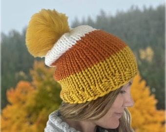 KNITTING PATTERN**Candy Corn CUTE Hat Chunky Knitting Pattern Beginner Knitter Color Block Halloween knit Beanie