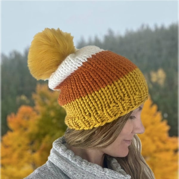 KNITTING PATTERN**Candy Corn CUTE Hat Chunky Knitting Pattern Beginner Knitter Color Block Halloween knit Beanie