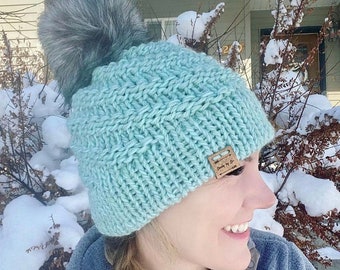 KNITTING PATTERN: Denver Flurry Hat, Double Brim Spiral Winter Hat with Pompom Knit Pattern, Easy Knitting Pattern, Beginner Knitter