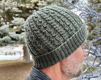 KNITTING PATTERN: Ray's Watch Cap Cable Knit Sailor Cap, Cabled Navy Cap Slouchy Beanie Knit Pattern, Men's Hat Knitting Pattern