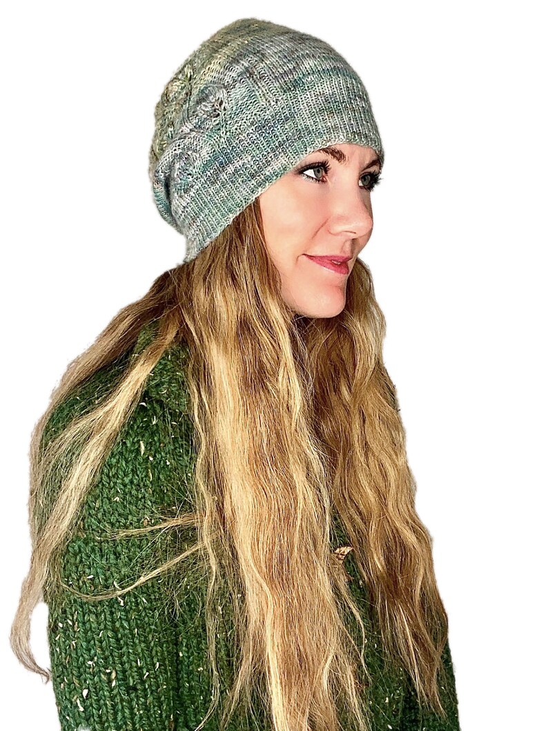 KNITTING PATTERN Pixie Slouchy Beanie Knitting Pattern Digital Pattern Fingering Weight Beanie Leaf Lace Trellis Sock Weight Hat Knitting