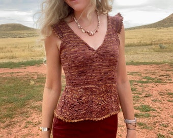 PATTERN: Wyoming Romance Top Knitting Pattern Lace Sweetheart Neckline Ruffle Sleeves Tank Knit