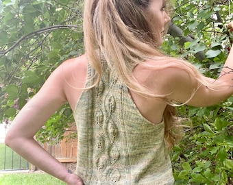 KNITTING PATTERN: The Pixie Tank Trellis Racer Back Tank Top in Fingering Sock Weight, Fairy Inspired Plant Lover Knit Pattern