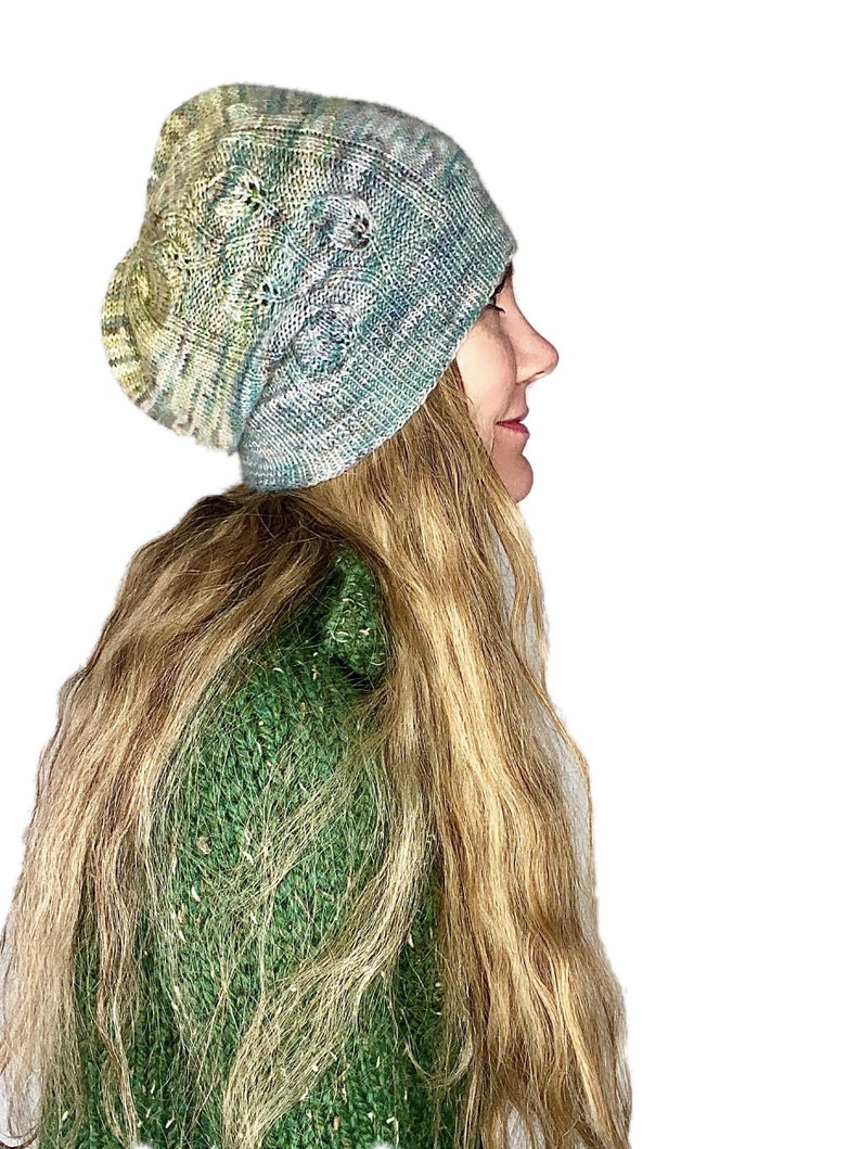 KNITTING PATTERN Pixie Slouchy Beanie Knitting Pattern Digital Pattern Fingering Weight Beanie Leaf Lace Trellis Sock Weight Hat Knitting