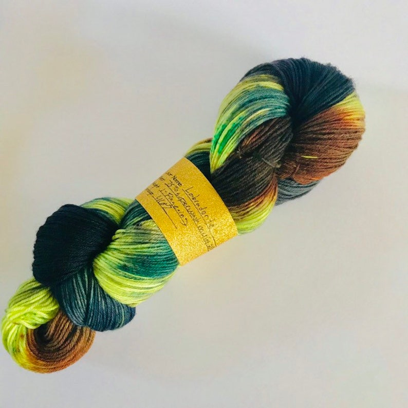 Fingering Weight Yarn Crystal Inspired Flash Yarn Labradorite Hand Dyed Sock Yarn Neon Yellow Teal Navy Brown Black Hand Painted Wool