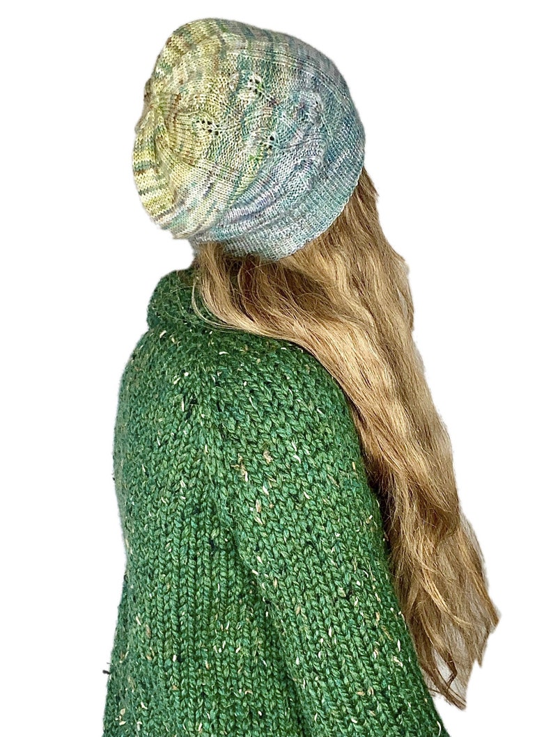 KNITTING PATTERN Pixie Slouchy Beanie Knitting Pattern Digital Pattern Fingering Weight Beanie Leaf Lace Trellis Sock Weight Hat Knitting