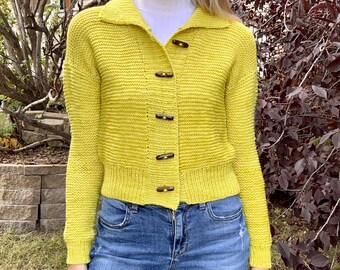 KNITTING PATTERN**Great Garter Bomber Cropped and Squishy Cardigan with Folded Collar and Buttons Knit in DK Weight Beginner Knitter