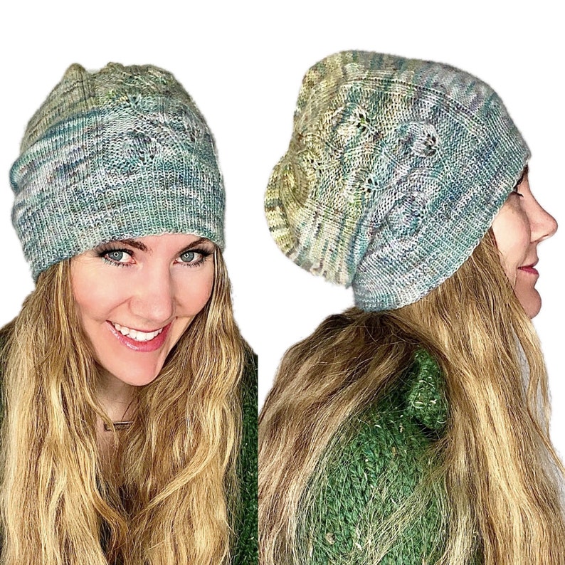 KNITTING PATTERN Pixie Slouchy Beanie Knitting Pattern Digital Pattern Fingering Weight Beanie Leaf Lace Trellis Sock Weight Hat Knitting