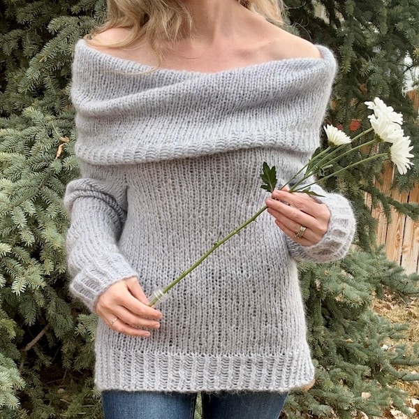 STRICKMUSTER**Pipettenpullover, schulterfrei, gefalteter Wasserfallausschnitt, abgeschnittener Tunika mit geteiltem Saum, lange Ärmel, ärmelloses Cabrio-Oberteil, Strickmuster