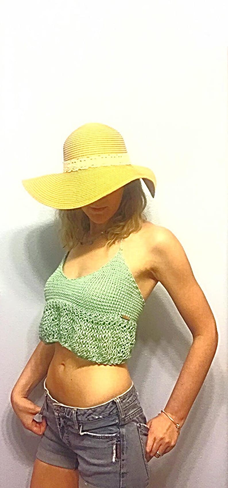 Boho Top Bralette Crop Top Bikini Top Cotton Knit PATTERN: Romantic Ruffle Halter Bralette Intermediate Knitting Pattern Halter Top