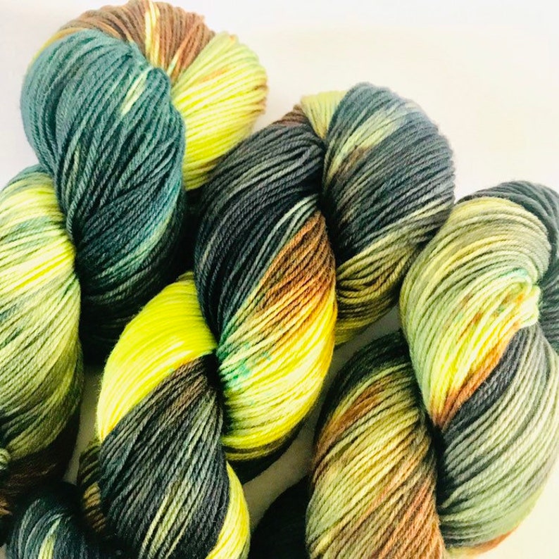 Fingering Weight Yarn Crystal Inspired Flash Yarn Labradorite Hand Dyed Sock Yarn Neon Yellow Teal Navy Brown Black Hand Painted Wool