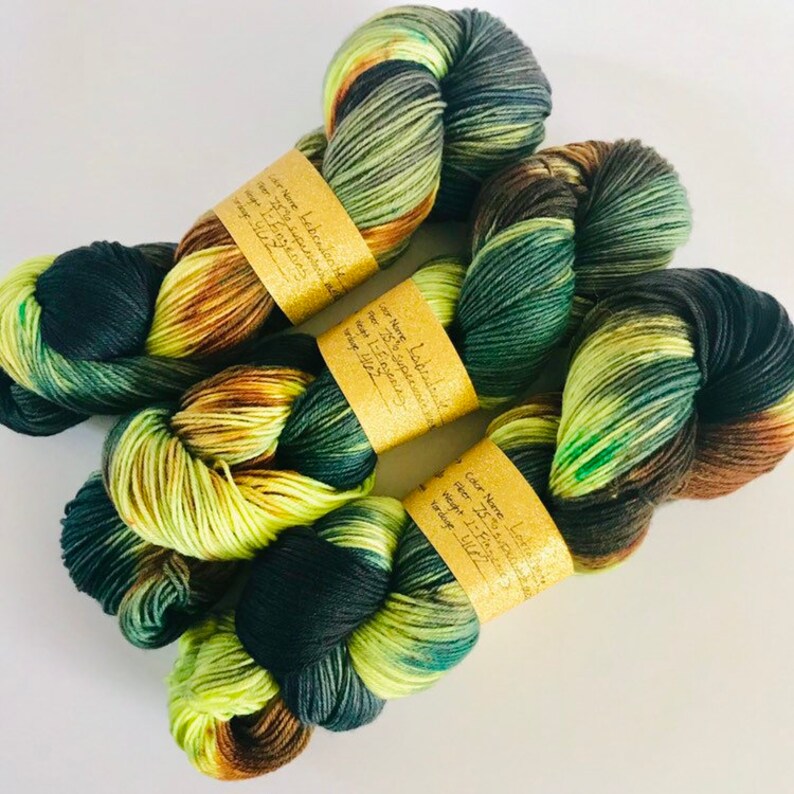Fingering Weight Yarn Crystal Inspired Flash Yarn Labradorite Hand Dyed Sock Yarn Neon Yellow Teal Navy Brown Black Hand Painted Wool