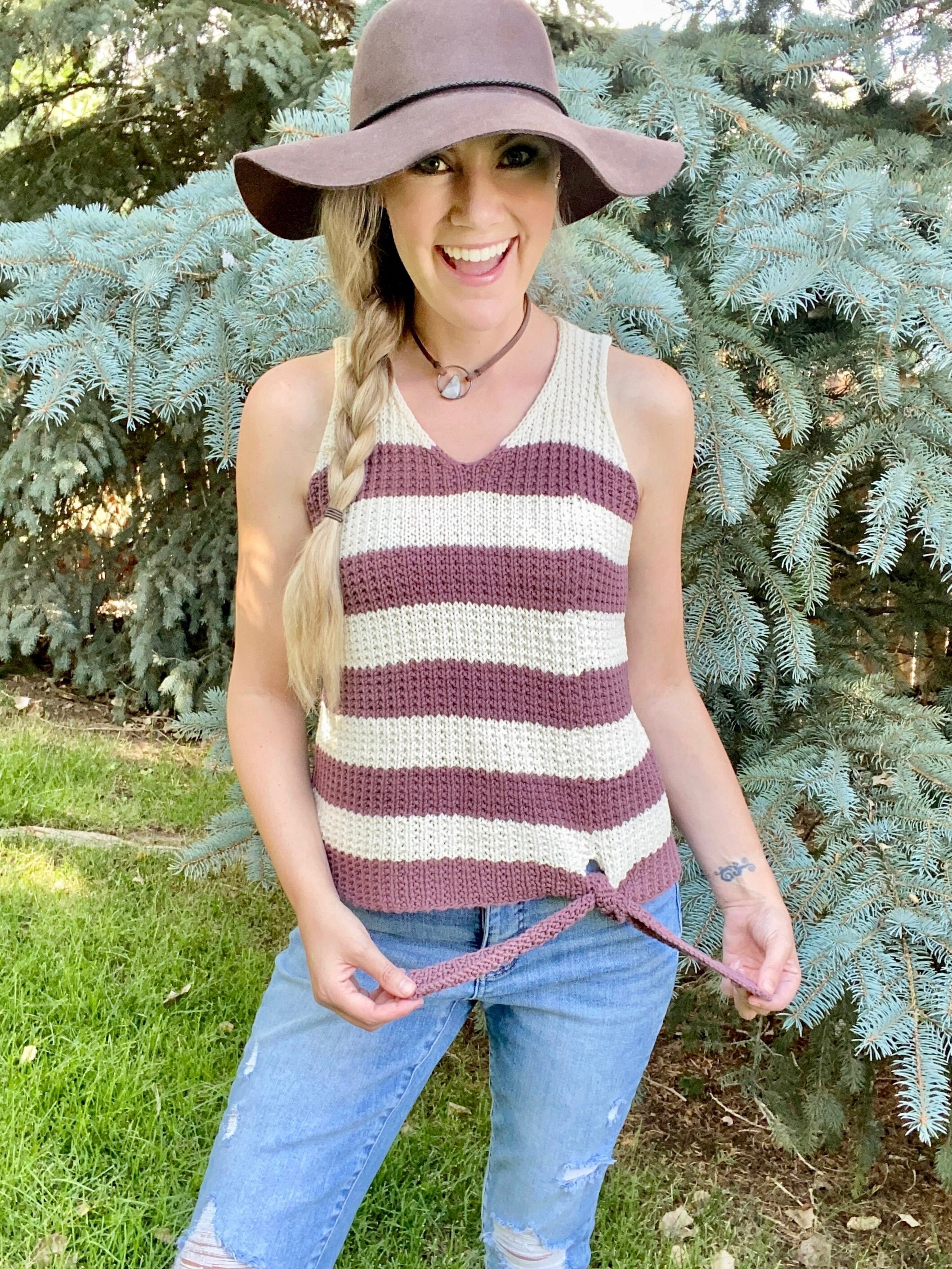 Red Rocks Tie Tank Knitting Pattern: Waffle Knit Tie Waist Top, V