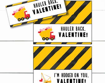 PRINTABLE Construction valentine treat bag tags, DIY Valentine bag toppers - Dump Truck Crane Valentine bag toppers - Valentine