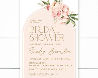 Floral arch Bridal Shower Invitation, peony arch shower invite, peony floral shower invitation, Floral Blush Arch Bridal Shower Invite